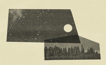 a collage of the moon and.a starry night pasted over a field of trees