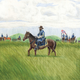 Color drawing of a man in a Confederate uniform riding a brown horse through tall grass with other cavalry holding a flag in background