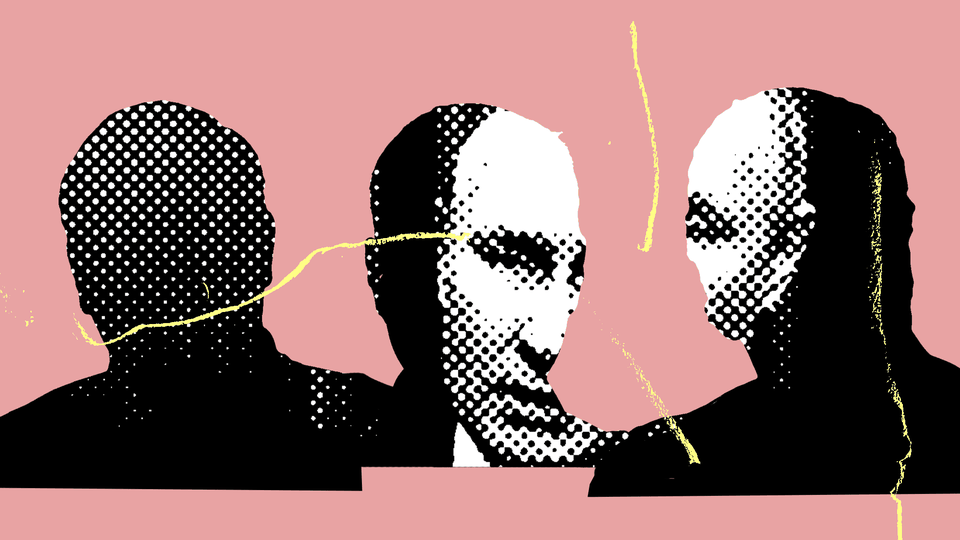 Illustration of three silhouettes, with Vladimir Putin's face.