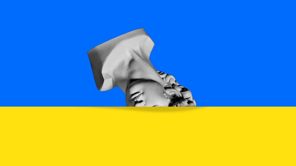 A photo illustration of a marble bust buried in the yellow stripe of the Ukrainian flag