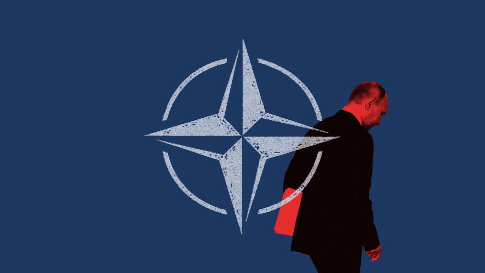 An illustration of Vladimir Putin and the NATO symbol