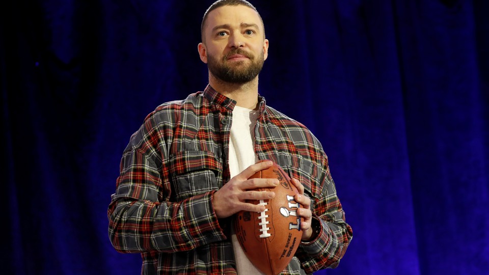 Justin Timberlake at a press conference before the Super Bowl
