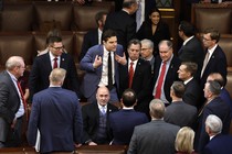 Rep.-elect Matt Gaetz (R-FL) talks to fellow members-elect during the second day of elections for Speaker of the House at the U.S. Capitol Building