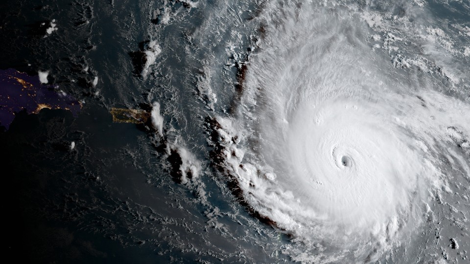A satellite image of Hurricane Irma approaching Puerto Rico