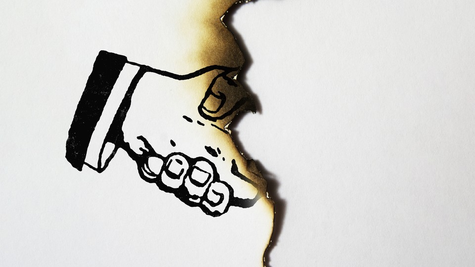 Illustration of one hand shaking another, but a singed paper-like edge is where the second hand should be