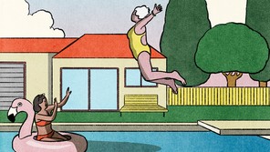 an illustration of an older woman in a yellow bathing suit leaping with abandon from a diving board into a pool while a younger woman in a floating flamingo shields herself with her arms