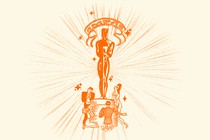An Academy Award with people looking up at it
