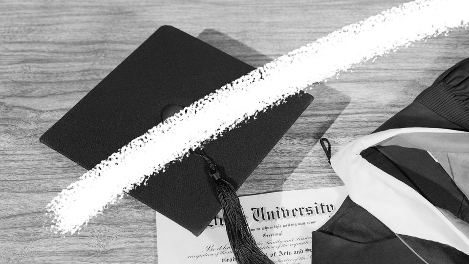 A photo-illustration featuring a graduation cap, gown, and diploma. A white line crosses through the middle