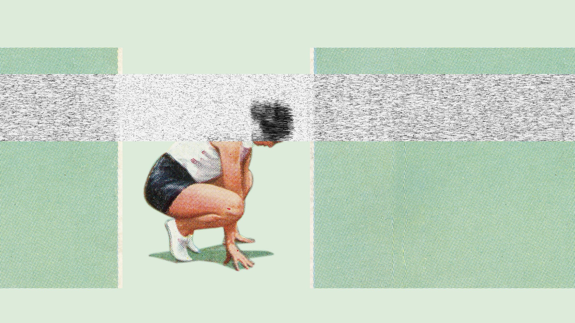An illustration of a person with a white shirt and black shorts squatting. The person’s head is in some sort
of a stream consisting of a flickering TV white noise. 