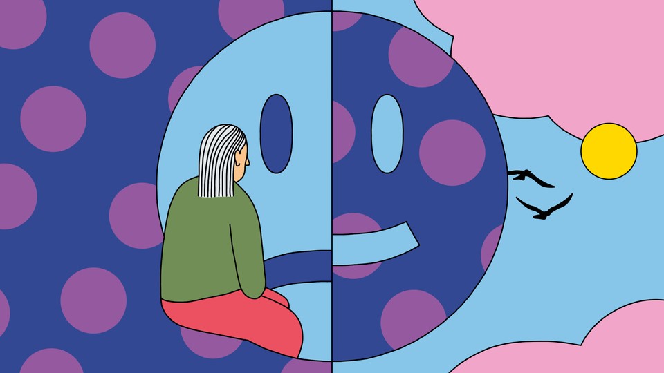 Colorful illustration of a person sitting on a cartoon face split between smiling and frowning