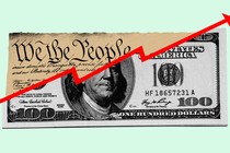 A red arrow goes up through a spliced copy of the Constitution and a one hundred dollar bill.