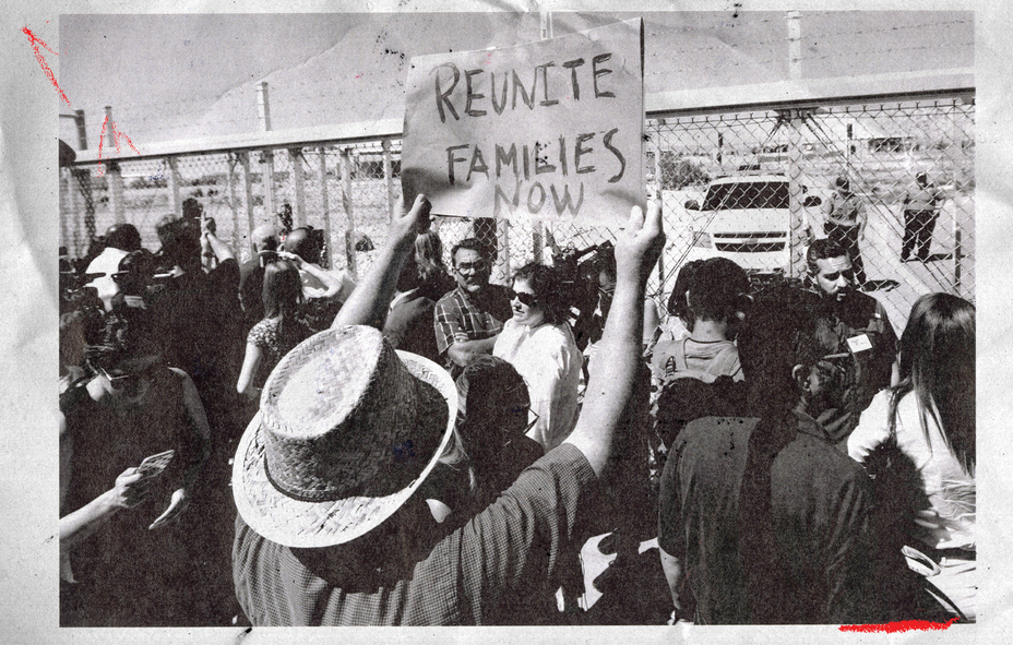 A photo illustration of protesters in Tornillo, Texas.