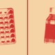 A red-on-cream illustration. On the left is a package of birth-control pills; on the right is a vaccine vial.