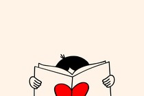 A line drawing of a person reading a book with a heart on the cover.
