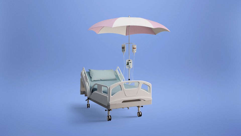 A beach umbrella shades a hospital bed and IV