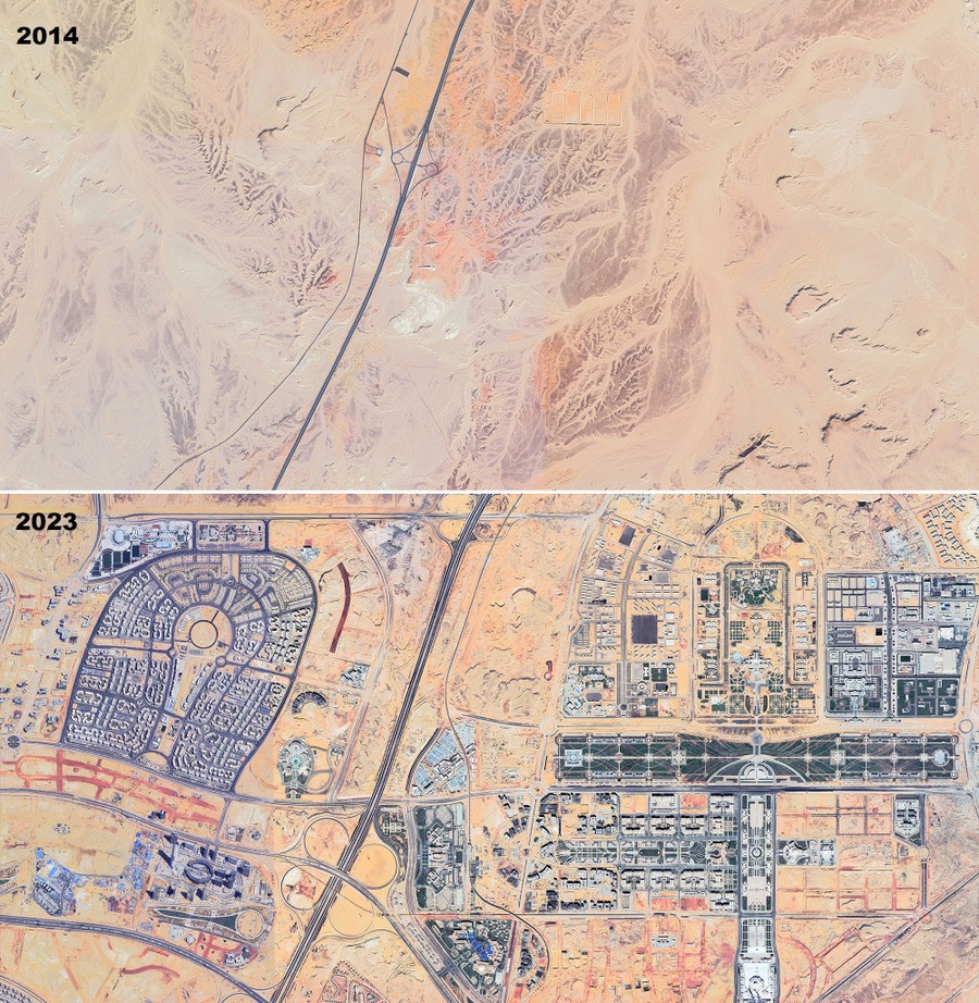 A before-and-after pair of satellite images showing a large construction project in a desert