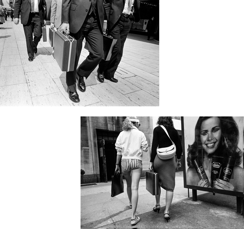 Offset diptych, Left: men waste down walking with briefcases. Right: women from behind in workout wear and business wear with breifcases