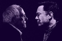 Collaged black-and-white photos of Bernie Sanders and Elon Musk facing each other in profile.