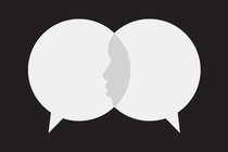 Two speech bubbles, the profile of a person in the space where they overlap