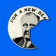 Illustration of a torn "For a New Deal" sticker.