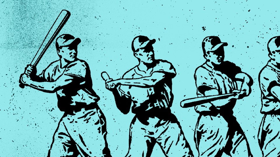Illustration of a baseball player swinging his bat on blue background.
