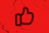 A Facebook "like" icon set against a red background