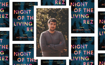 Morgan Talty next to covers of his book "Night of the Living Rez: Stories"
