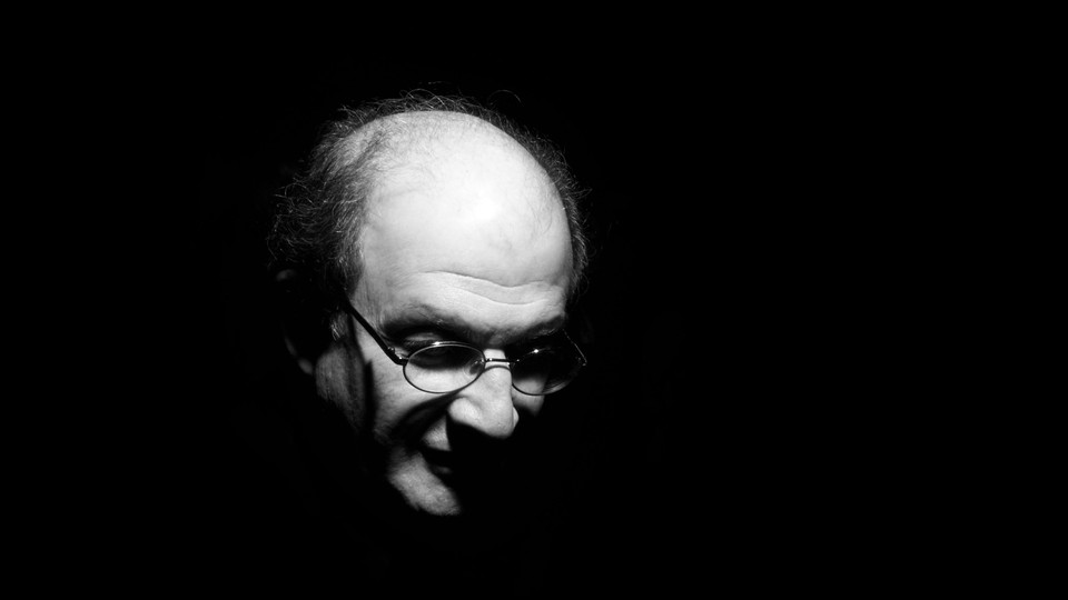 A black-and-white portrait of Salman Rushdie