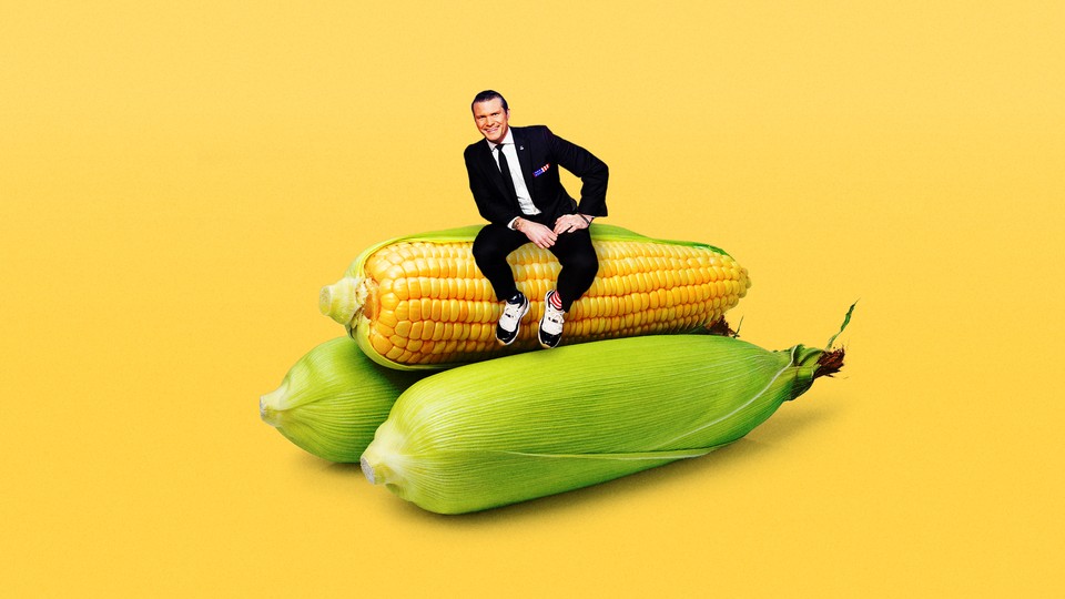 Illustration of Pete Hegseth sitting on top of three giant corn cobs against a yellow background.