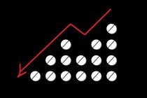 Illustration of pills with a downward-pointing line chart