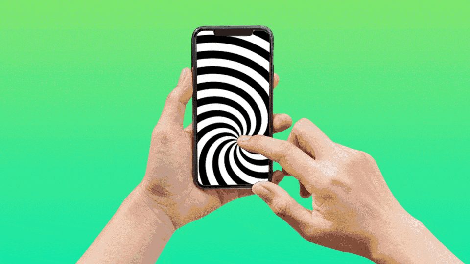 hands holding a smartphone with a swirly pattern