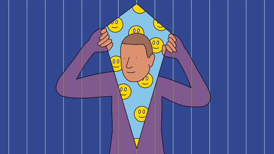 An illustration of a man with his head through a kite decorated with happy faces.