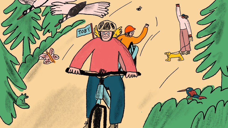 Illustration of a woman riding with her daughter on an e-bike. They are surrounded by trees, birds, and butterflies. A woman nearby walking her dog waves at them.