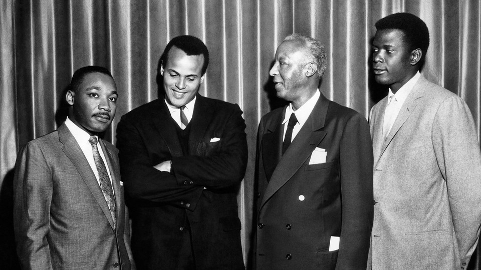 Martin Luther King, Jr., Harry Belafonte, A. Philip Randolph, and Sidney Poitier pictured circa 1960.