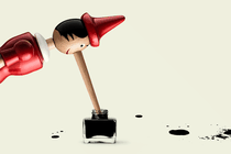 A long-nosed Pinocchio figure dipping his nose in a pot of ink