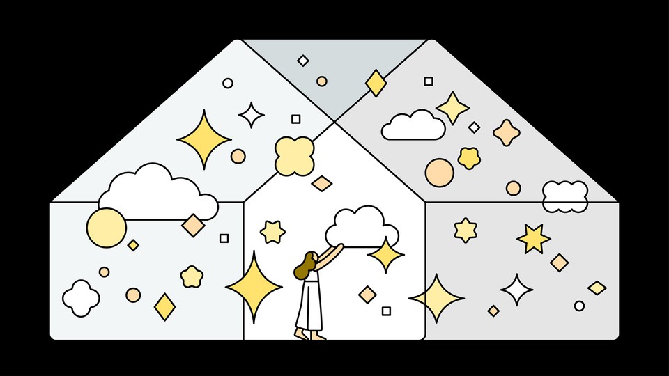 An illustration of a woman in a house filled with clouds, stars, and diamonds
