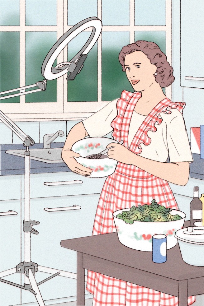 illustration of 1950s-styled woman in red ruffled apron in kitchen stirring mixing bowl with ring light and video setup