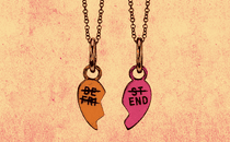two "Best Friend" necklaces, each with half a heart, hanging side by side with all text except "End" crossed out