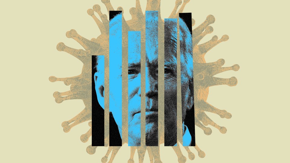 Joe Biden's head, in blue, divided into vertical slats, in front of a coronavirus