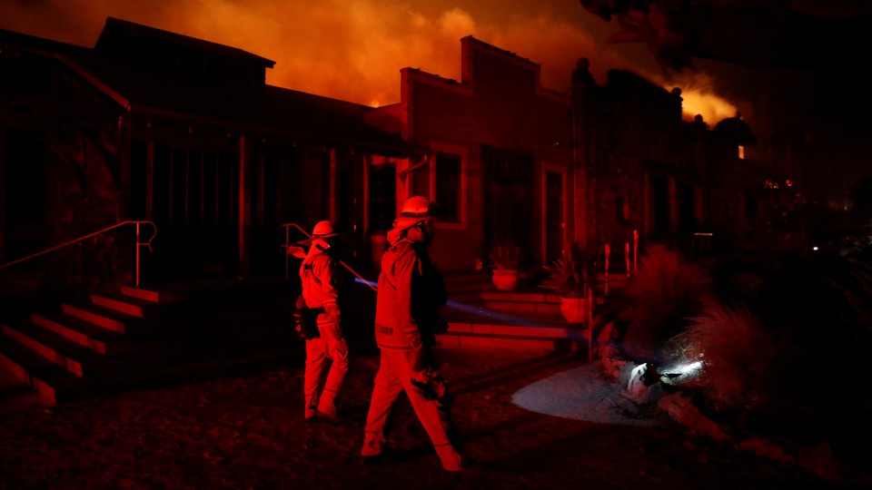 The wind-driven Kincade Fire burns near the town of Healdsburg, California.