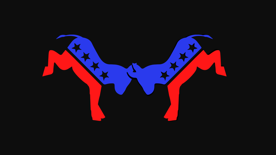 An illustration of two blue-and-red donkeys butting heads against a black backdrop