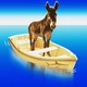 Photo illustration of a donkey in a boat floating in a large body of water.