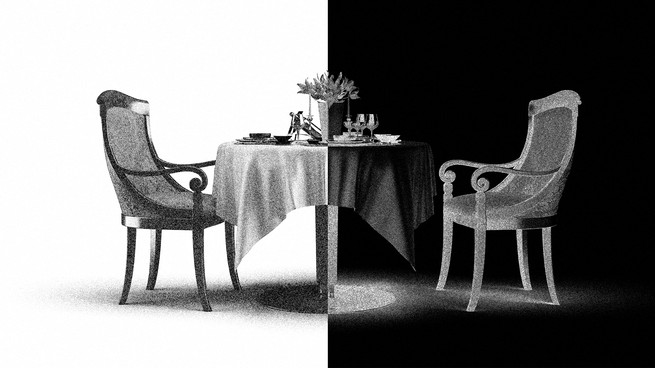 illustration of a dining room table, half in darkness and half in light