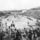 Black and white image of the track and spectators at the 1896 Athens Olympics