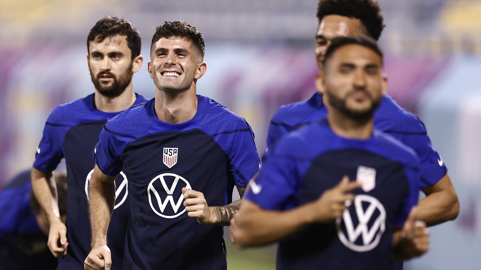 Christian Pulisic reacts during a training event and press conference at Al Gharafa SC Stadium on November 19, 2022.