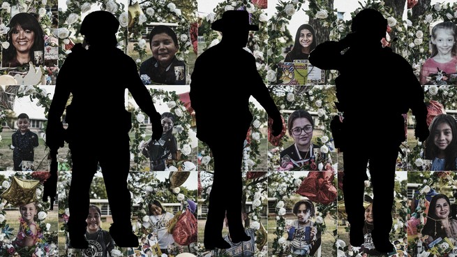 Un collage delle vittime di Ovaldi, con in primo piano le sagome degli agenti di polizia