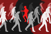 Many white and opaque silhouettes walking in one direction, one in bright red walking the other way, with a giant shadow of Donald Trump behind them.