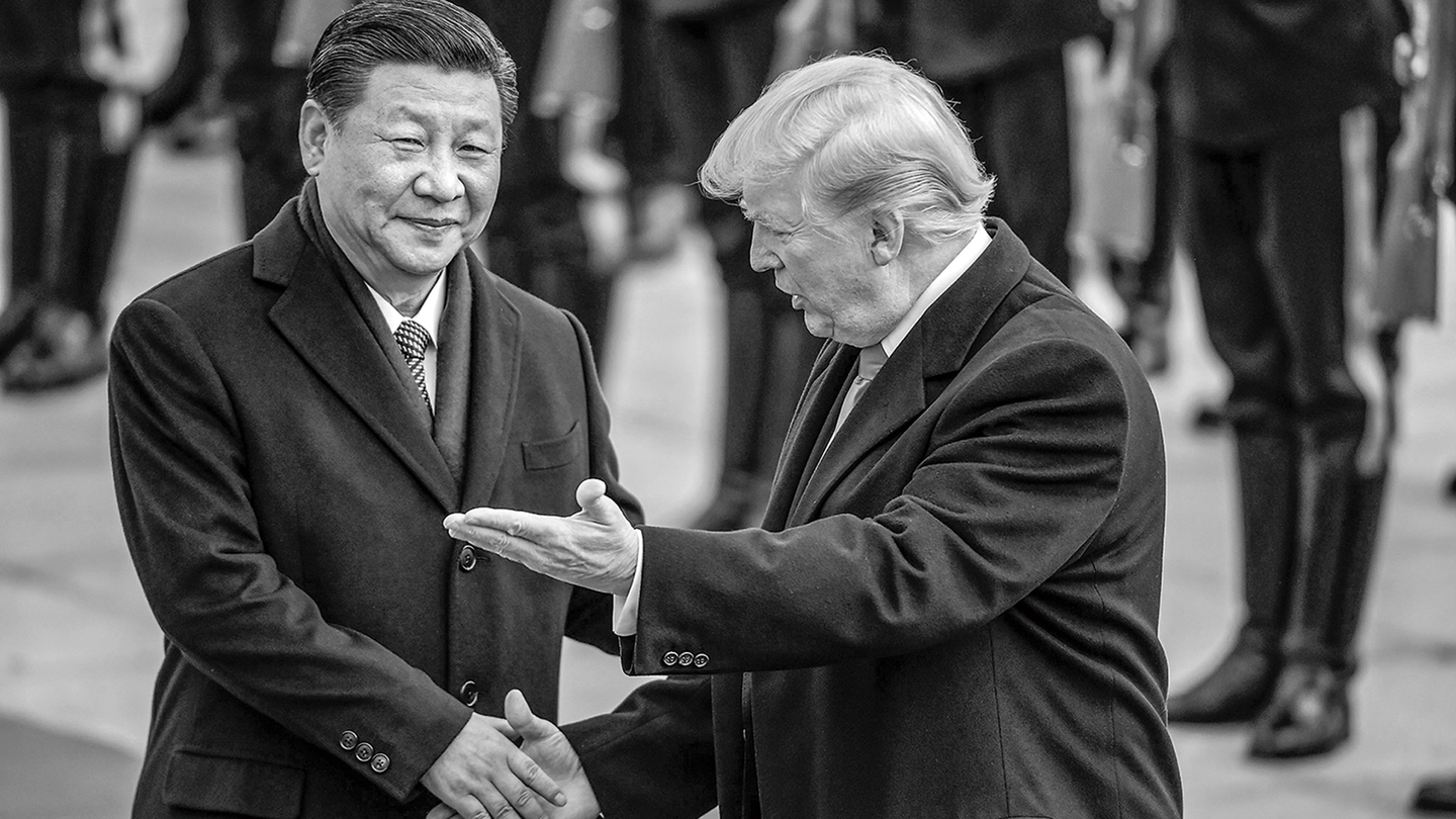 black-and-white photo of Xi Jinping reaching to shake Donald Trump's hand as Trump gestures, with row of uniformed guards at attention in background