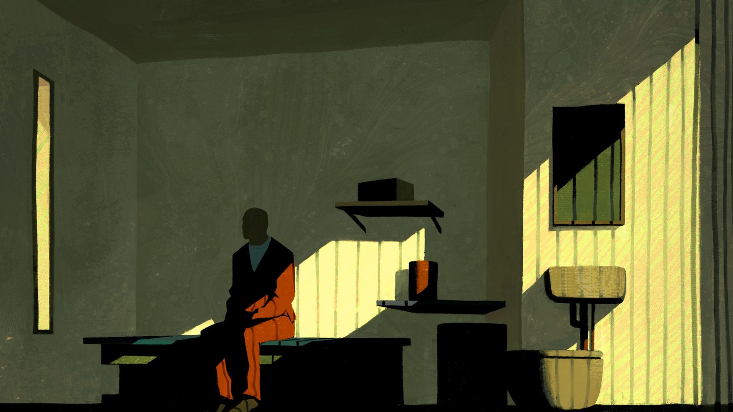 An illustration of a man in a prison uniform, sitting half in shadow in a cell