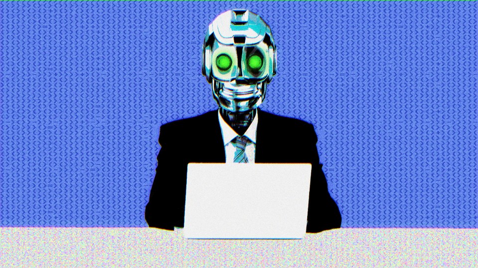 Illustration of a robot figure in a suit and tie, looking at a laptop